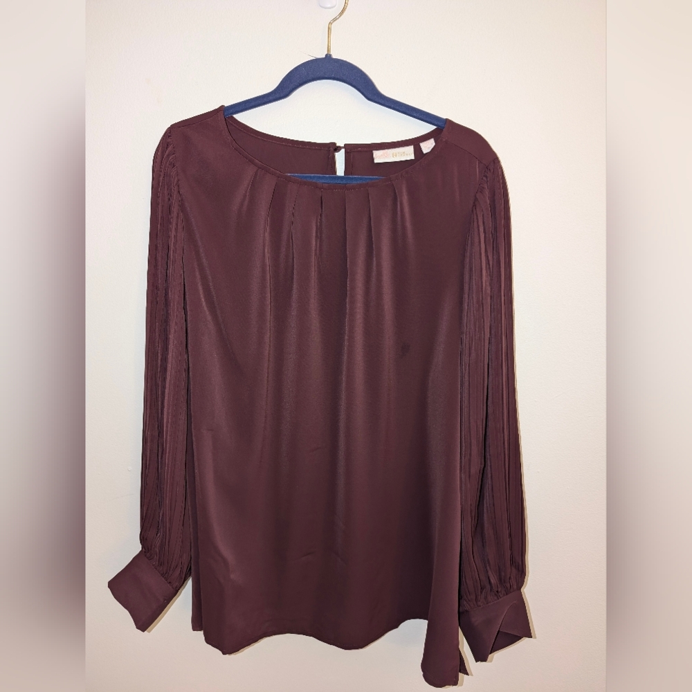 Plus Size Belle by Kim Gravel Luxe Maroon Pleated Bishop Sleeve Chiffon Blouse
